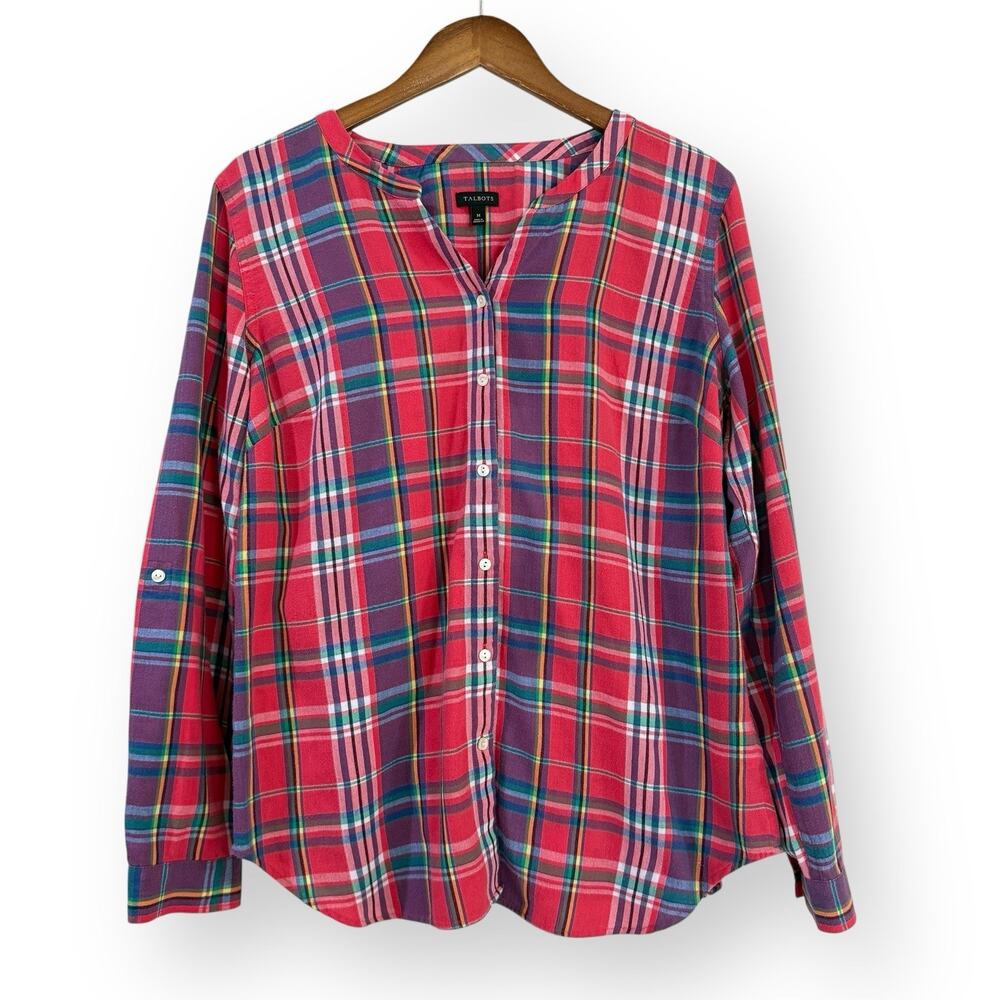 Talbots Red Tartan Plaid Flannel Shirt M Band Collar V-Neck Button Up Roll-Tab